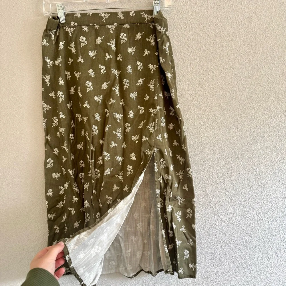 Thread & Supply Olive Midi A-Line Skirt with Slit - Picture 3 of 10